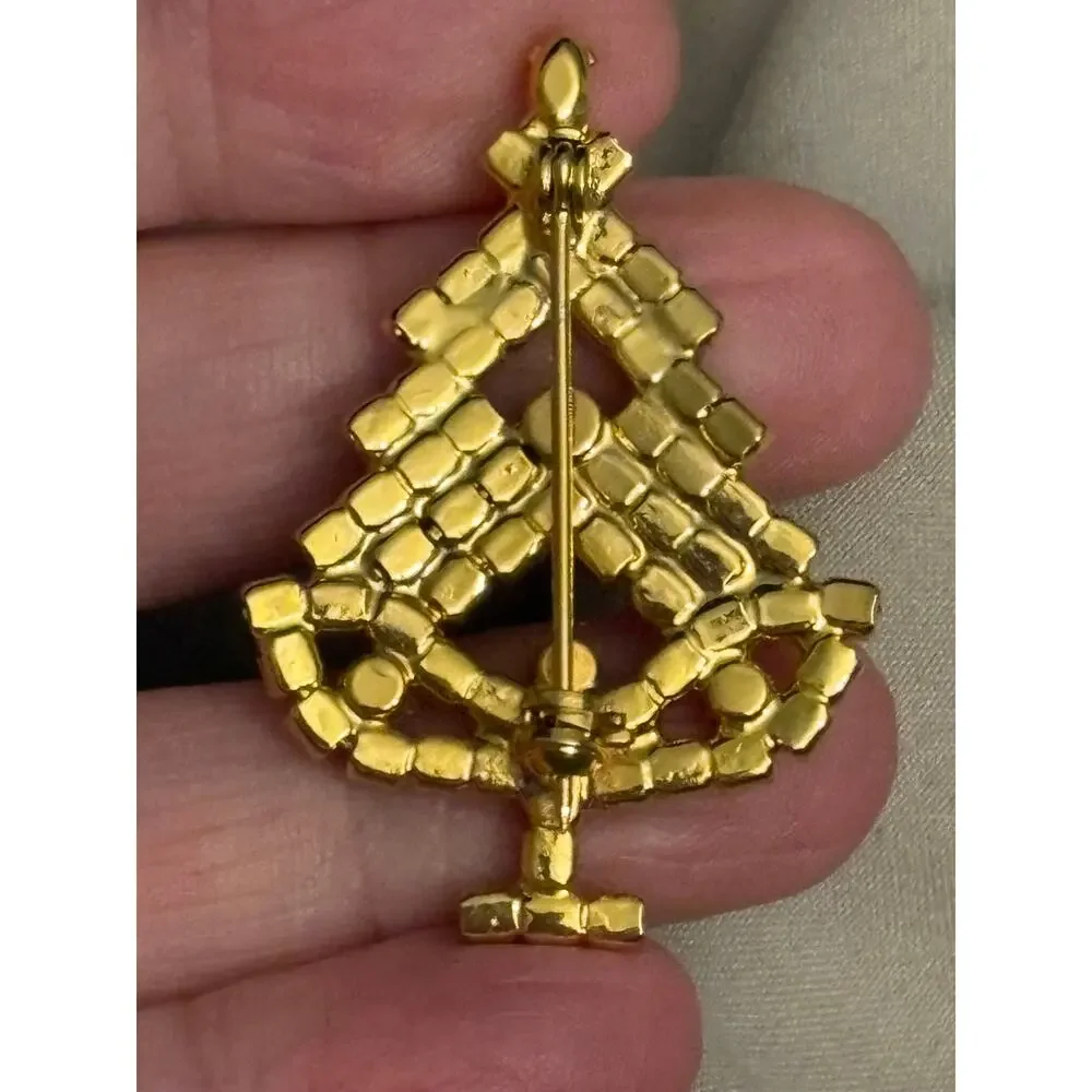 Vintage Rhinestone Christmas Tree Brooch Gold Tone 2”